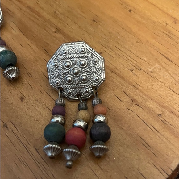 Silver and Multicolor Wood Bead Dangle Earrings - Picture 2 of 6